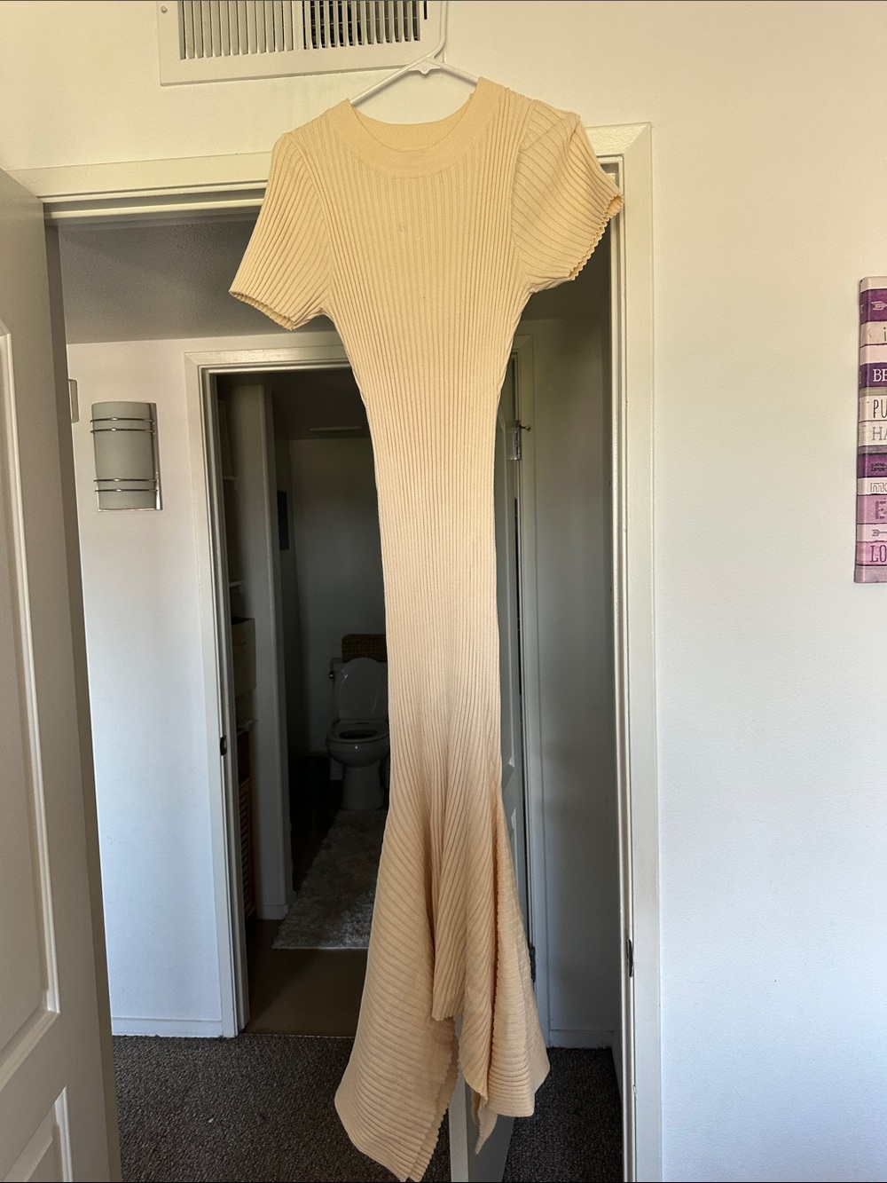 Fashion Nova Ribbed Short-Sleeve Maxi Dress in Beige